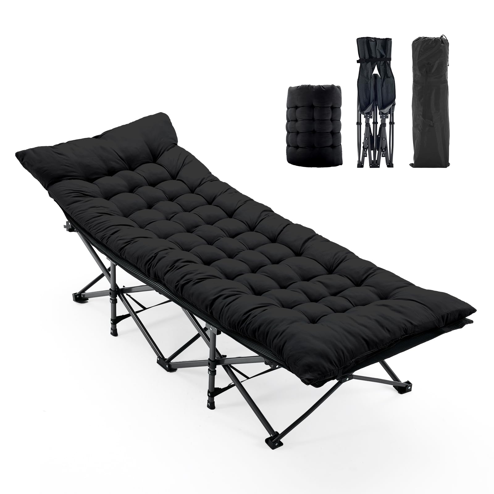 Folding Camping Cot with Cushion and Heavy-Duty Frame