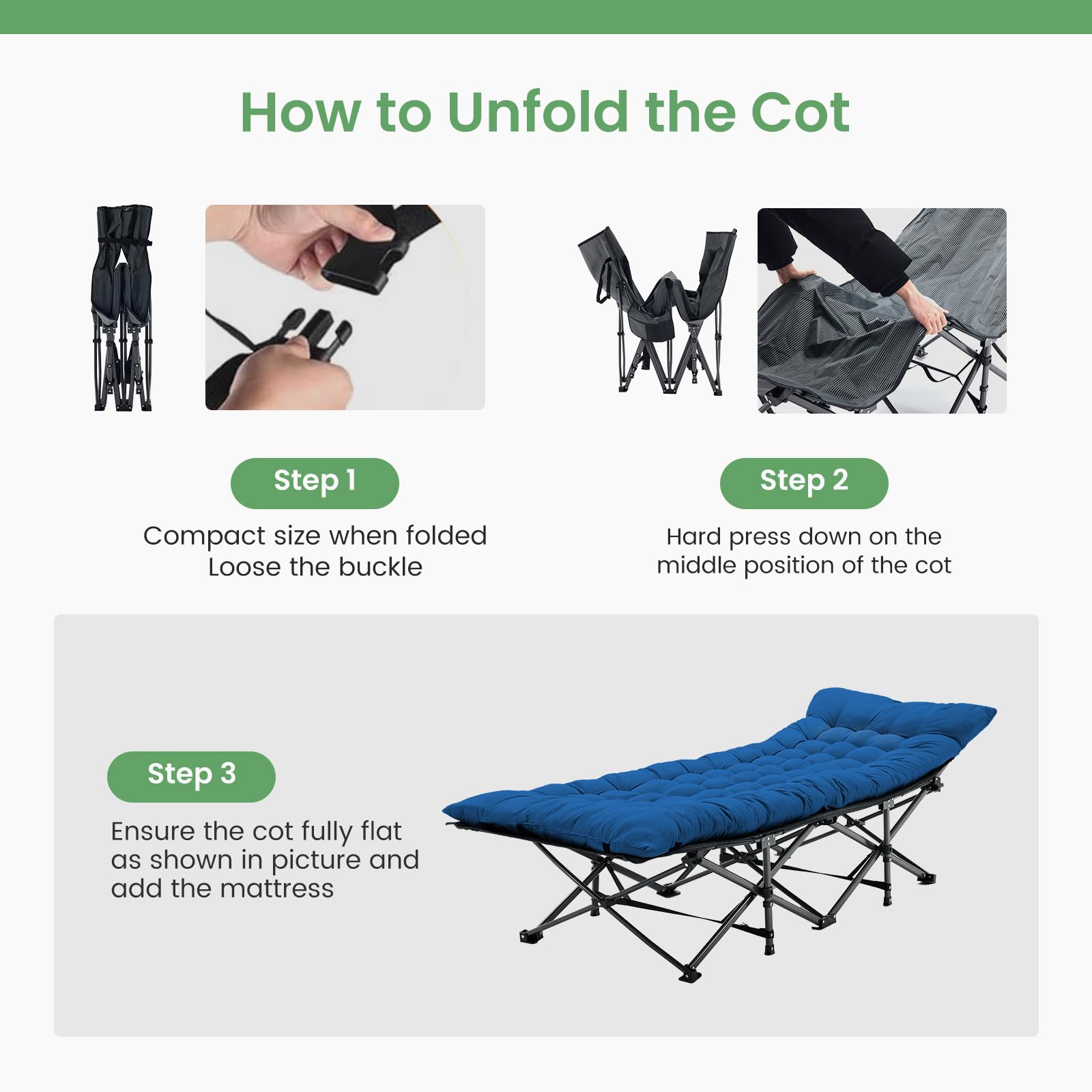 Folding Camping Cot with Cushion and Heavy-Duty Frame