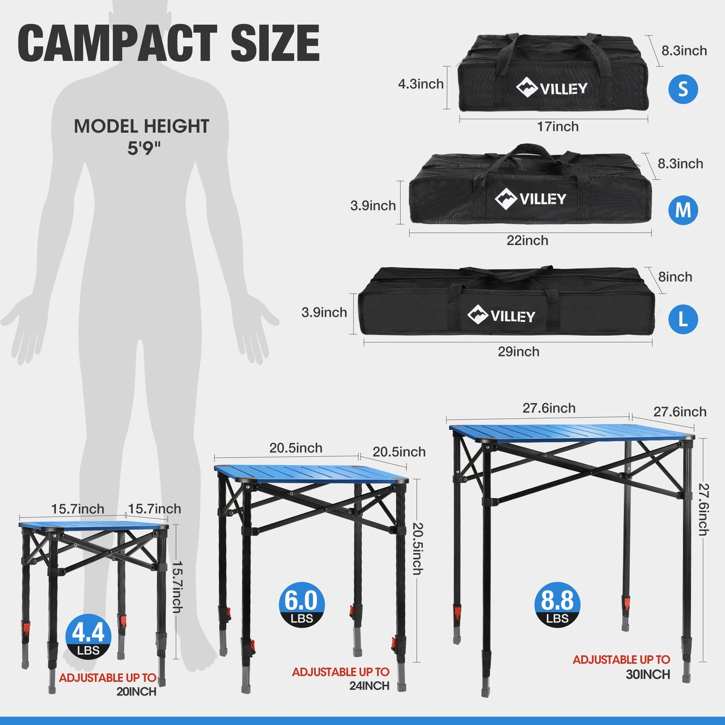 VILLEY Aluminum Folding Square Table with Carry Bag