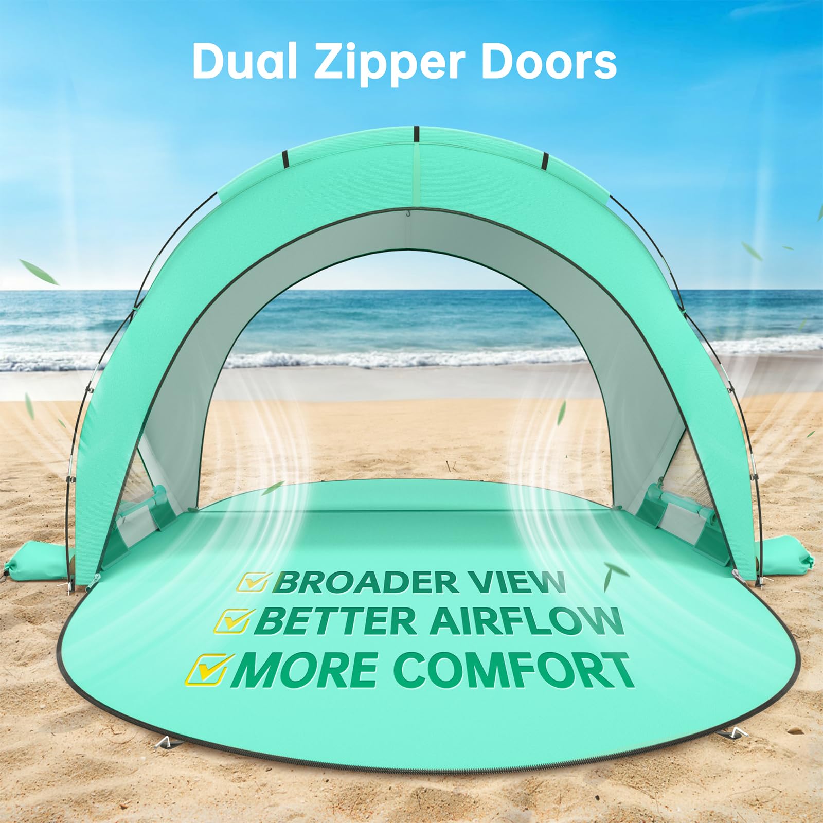 UPF50+ Portable Beach Sun Shelter Tent with Dual Zipper Doors