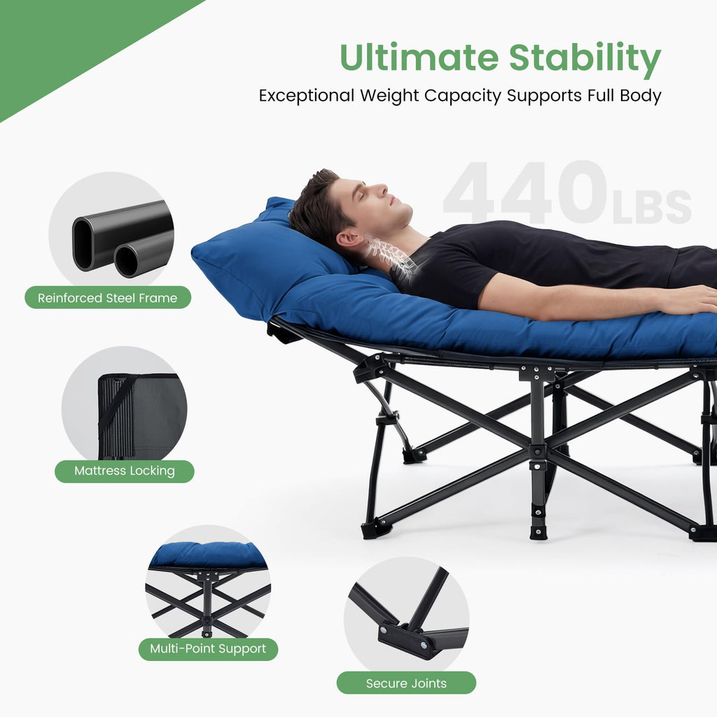Folding Camping Cot with Cushion and Heavy-Duty Frame