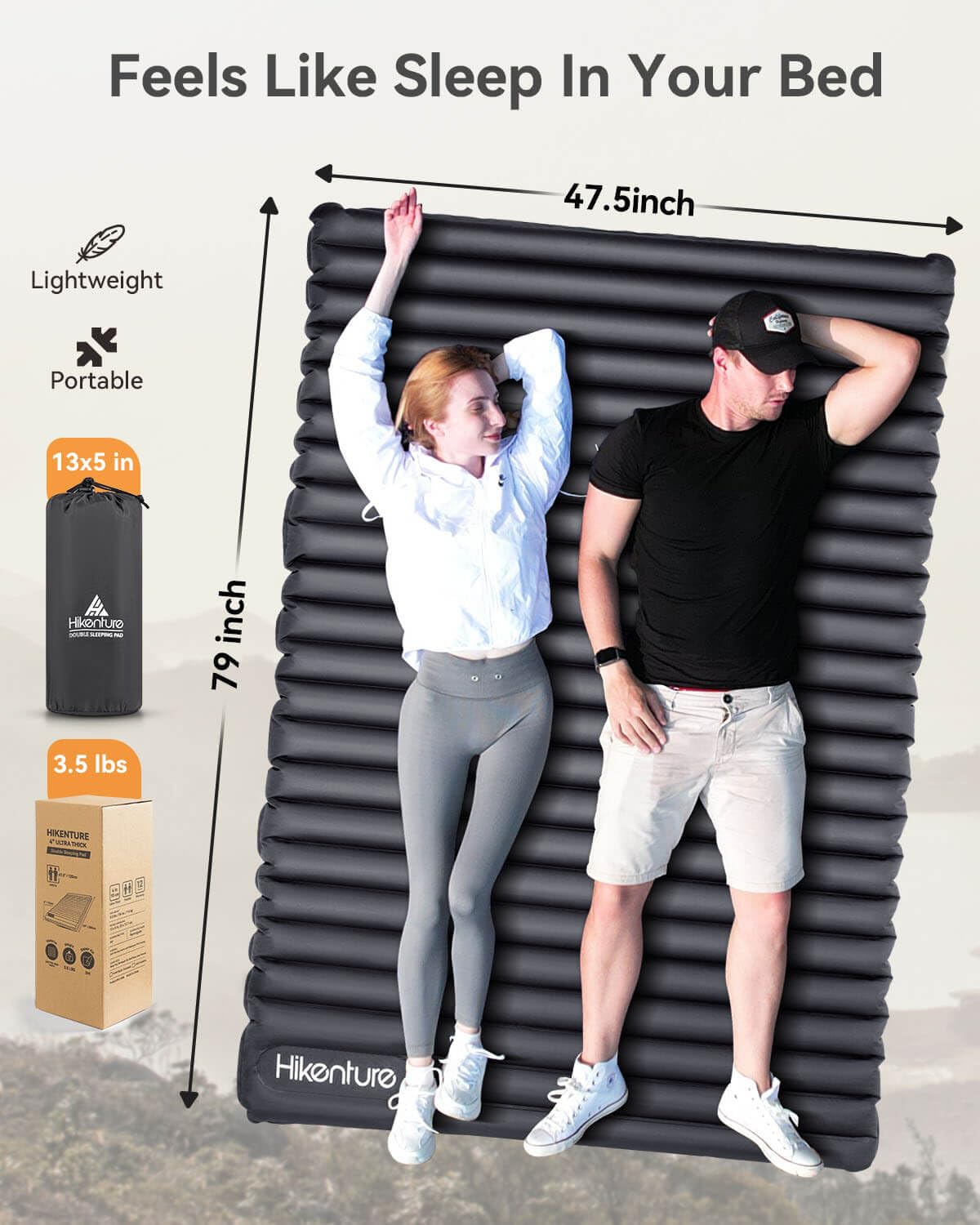 Double 4-Inch Ultralight Inflatable Sleeping Pad for Camping