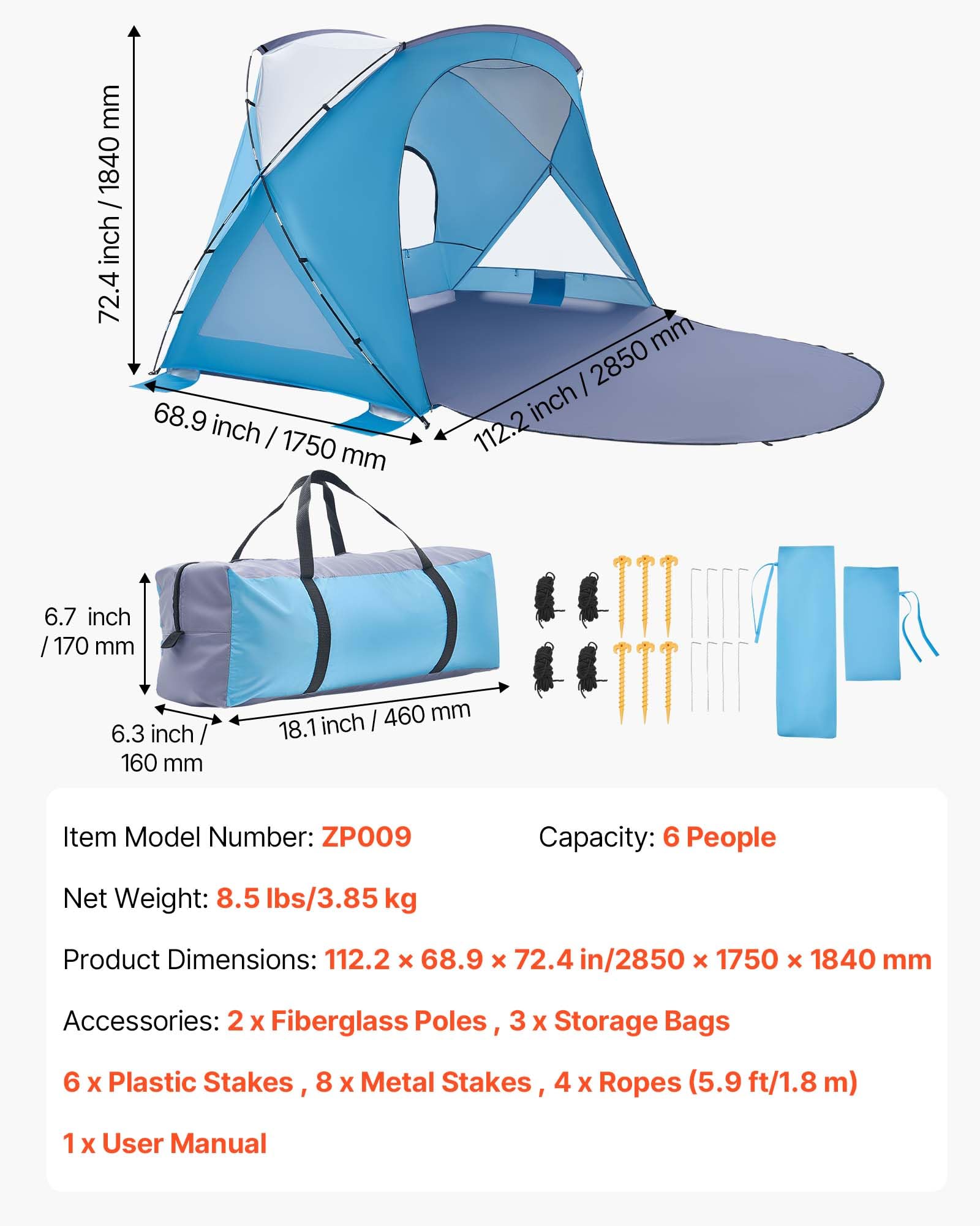 6-Person UPF50+ Beach Sun Shelter Canopy with Carry Bag