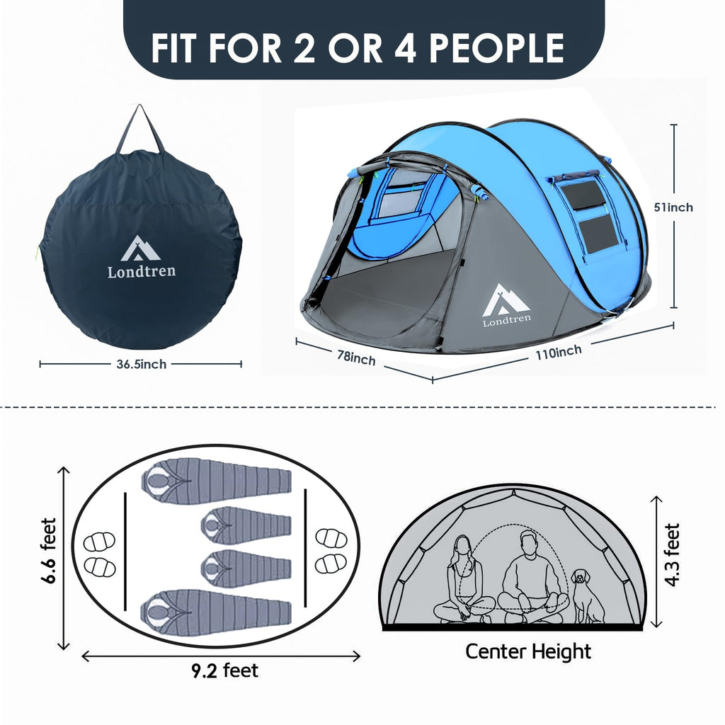 4 Person Waterproof Instant Pop-Up Tent with Dual Doors