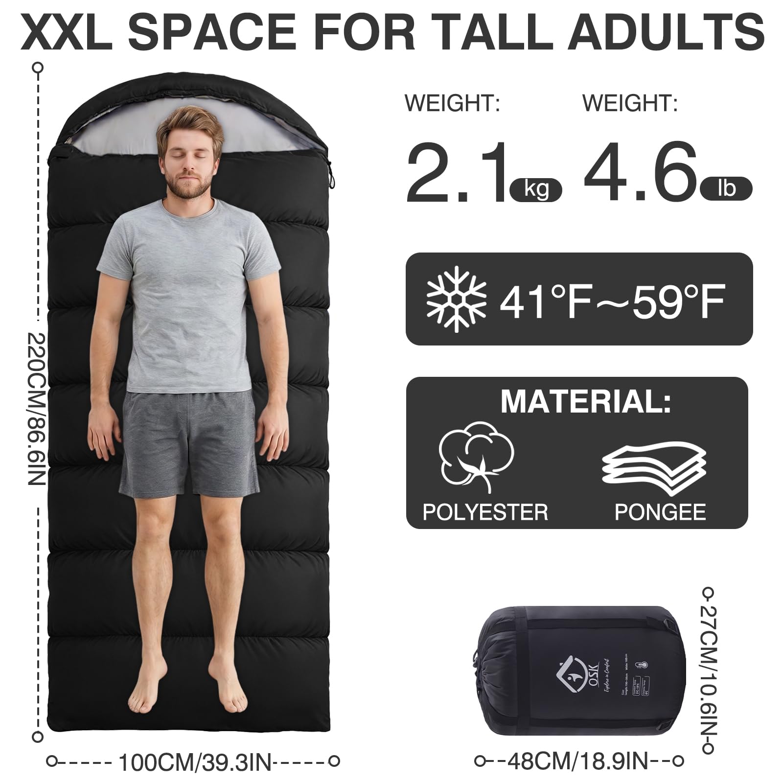 XXL Waterproof 3-4 Season Sleeping Bag with Compression Sack