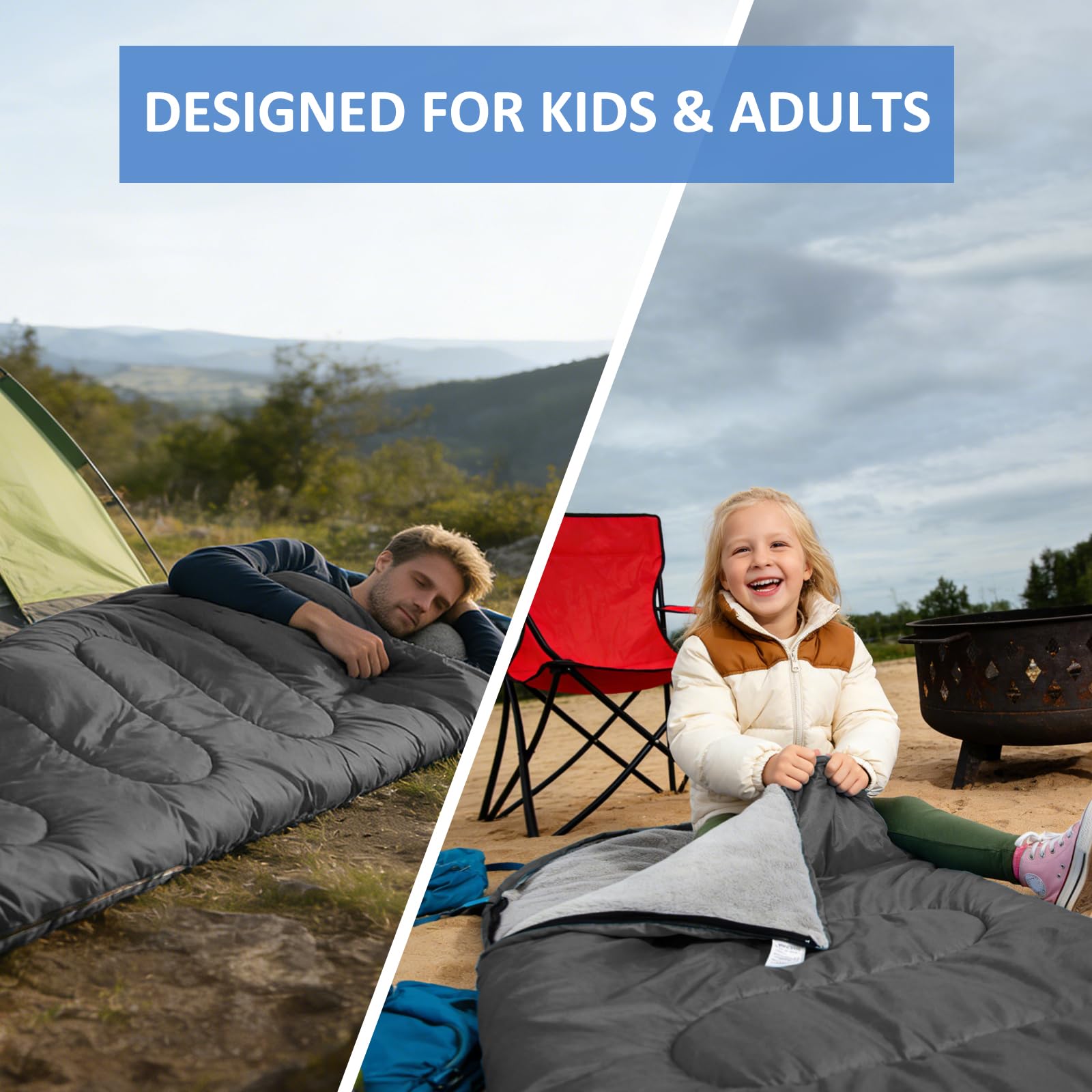 3-Season Waterproof Lightweight Sleeping Bag for All Ages