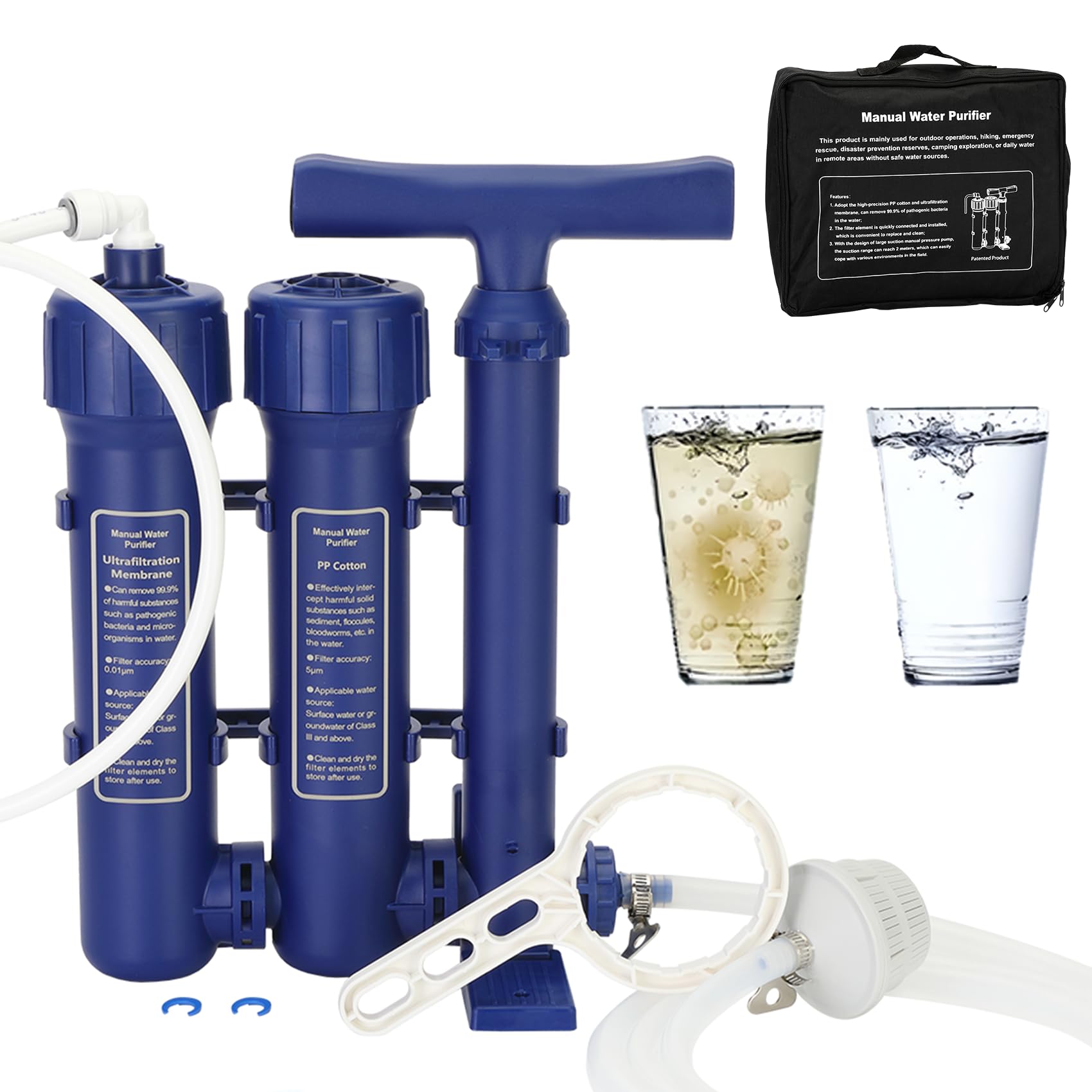 Large Emergency Hand Pump Water Filtration System with 3-Stage Purification