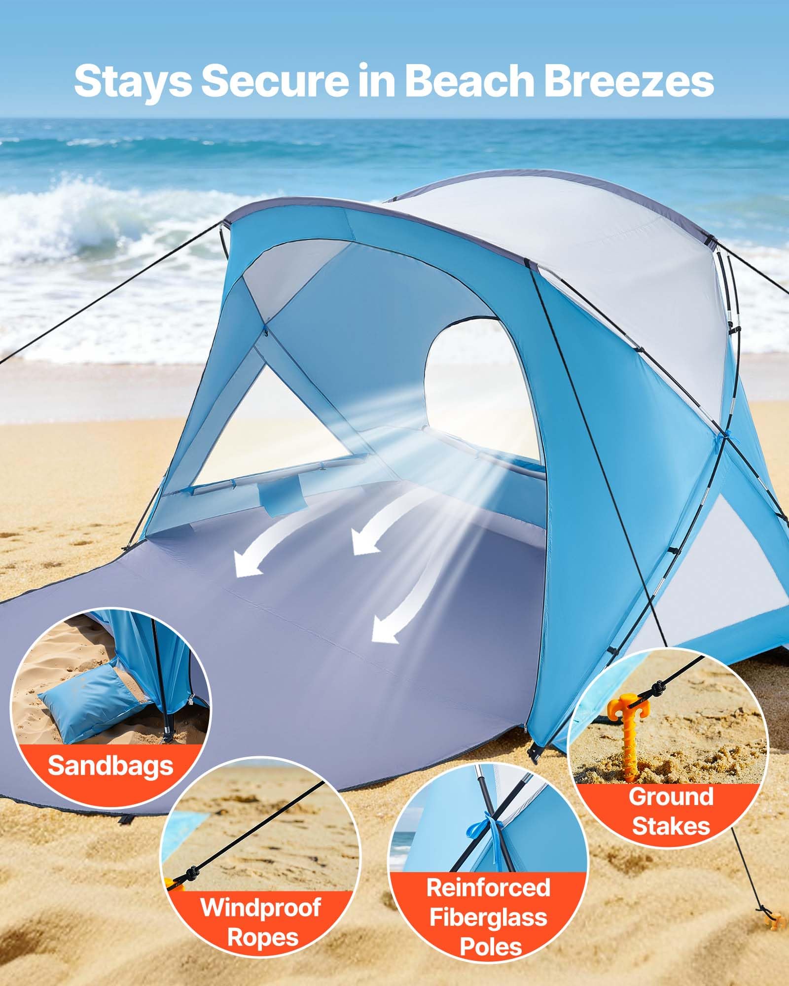 6-Person UPF50+ Beach Sun Shelter Canopy with Carry Bag