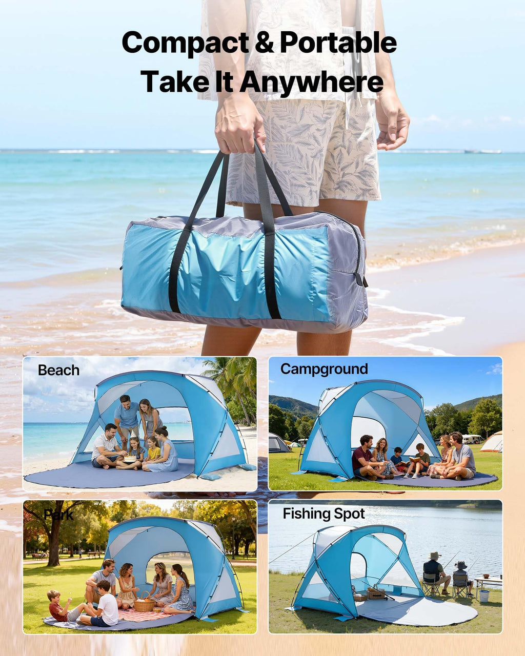 6-Person UPF50+ Beach Sun Shelter Canopy with Carry Bag