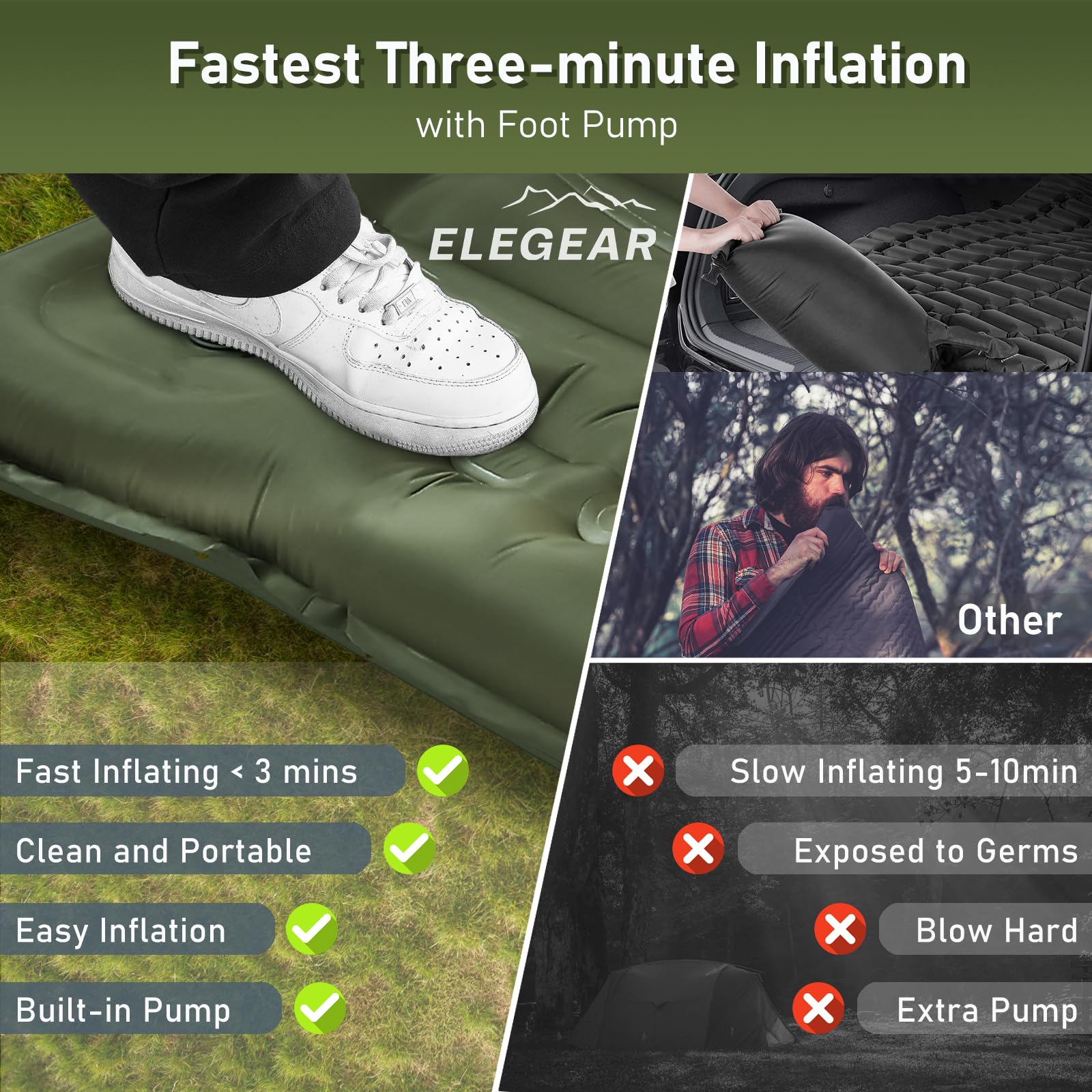 Ultra-Thick Camping Sleeping Pad with Pillow and Foot Pump