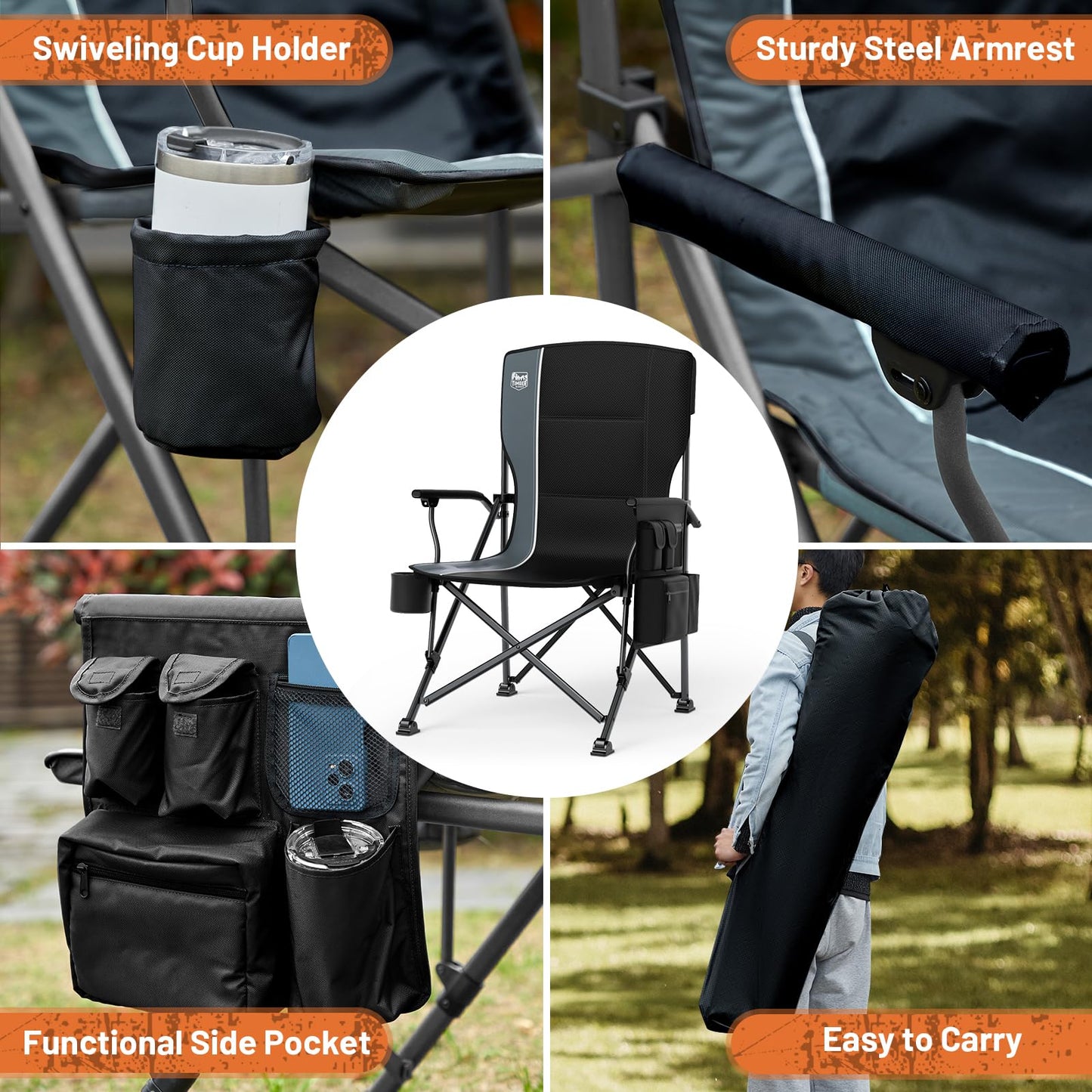 Oversized Heavy-Duty Folding Camping Chair with Cooler Bag