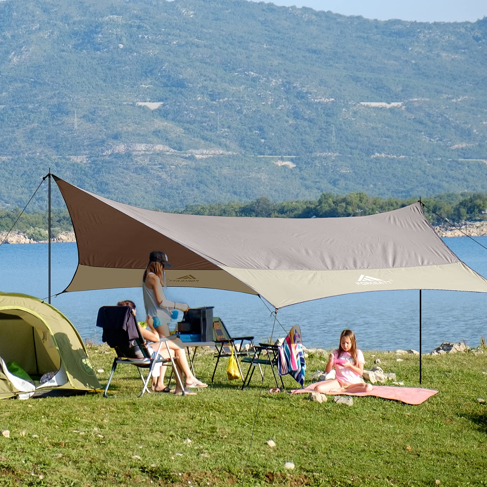 12x14FT Waterproof UPF50+ Camping Tarp Shelter with Poles