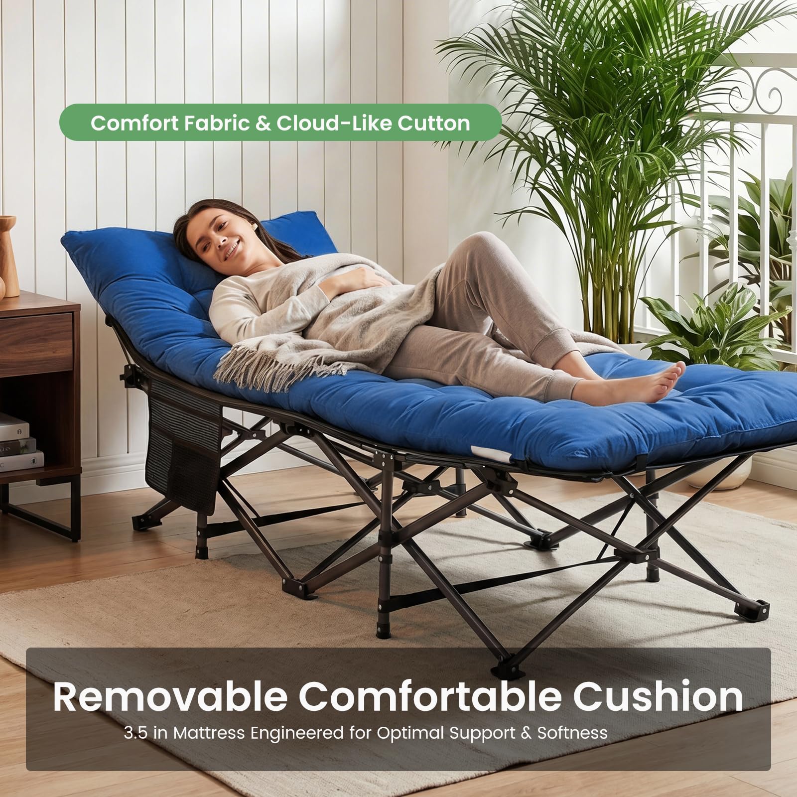 Folding Camping Cot with Cushion and Heavy-Duty Frame