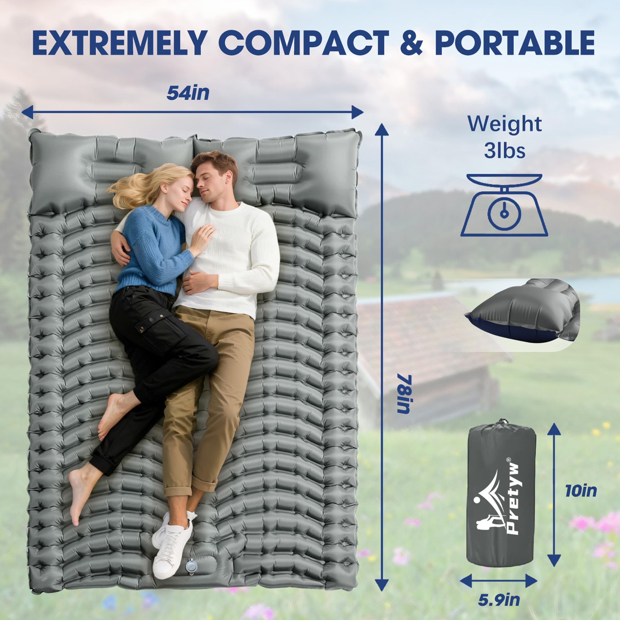 2-Person Compact Inflatable Sleeping Pad with Pillow and Pump