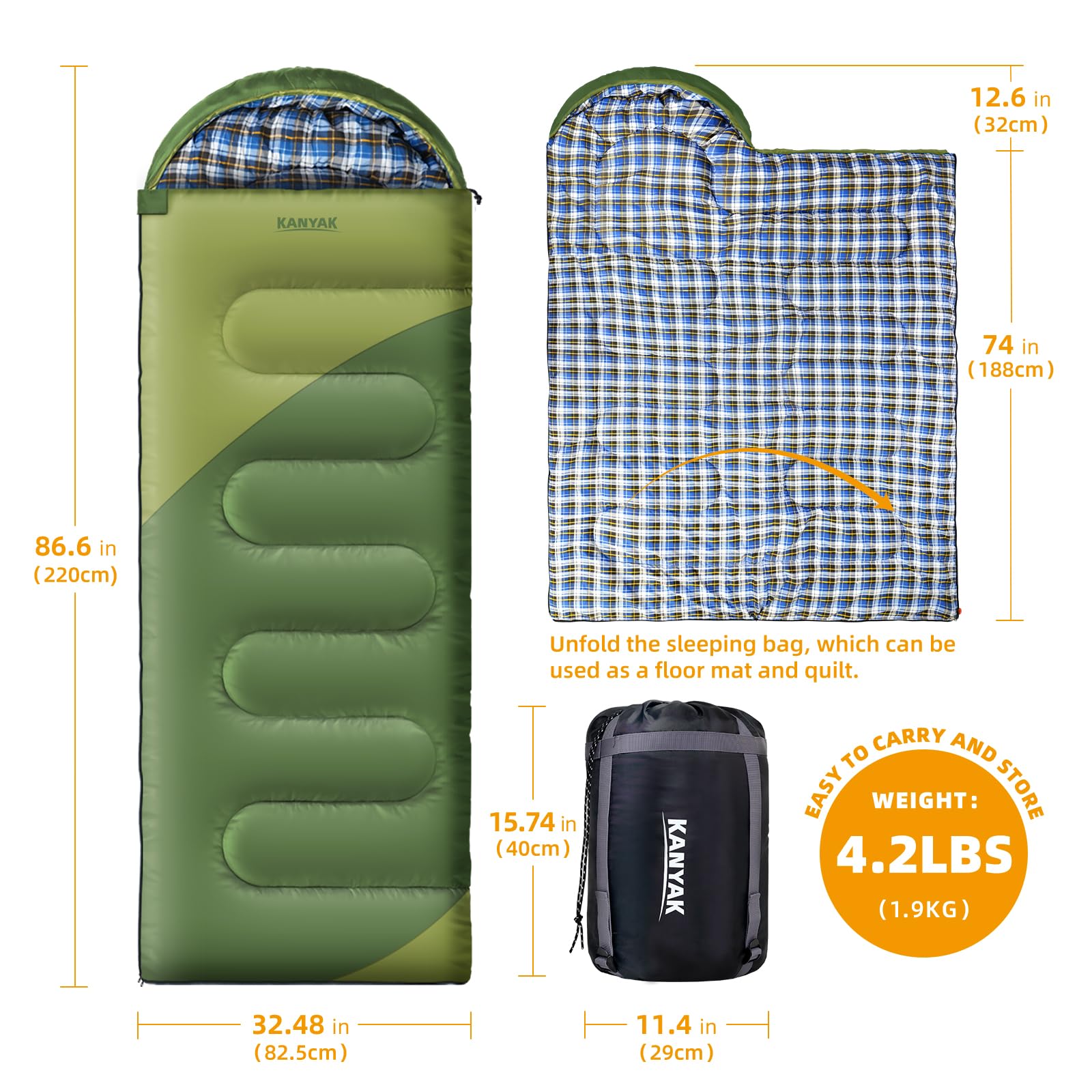 32°F 3-4 Season Warm Camping Sleeping Bag for All Ages